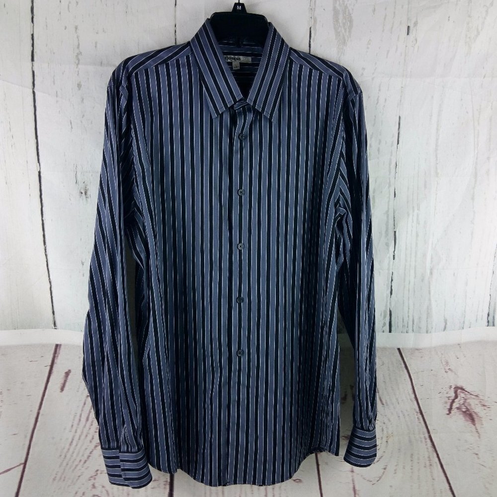 Express Fitted Strech Cotton Gray Black Striped Long Sleeve Shirt L 16-16½